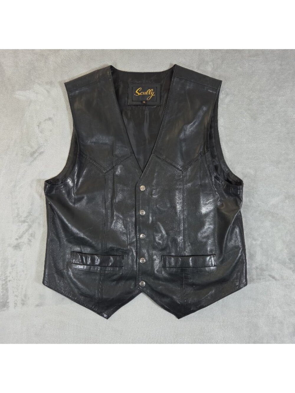Scully Leather Vest Mens Medium Black Snap Front Western Yoke Bikercore Outdoor